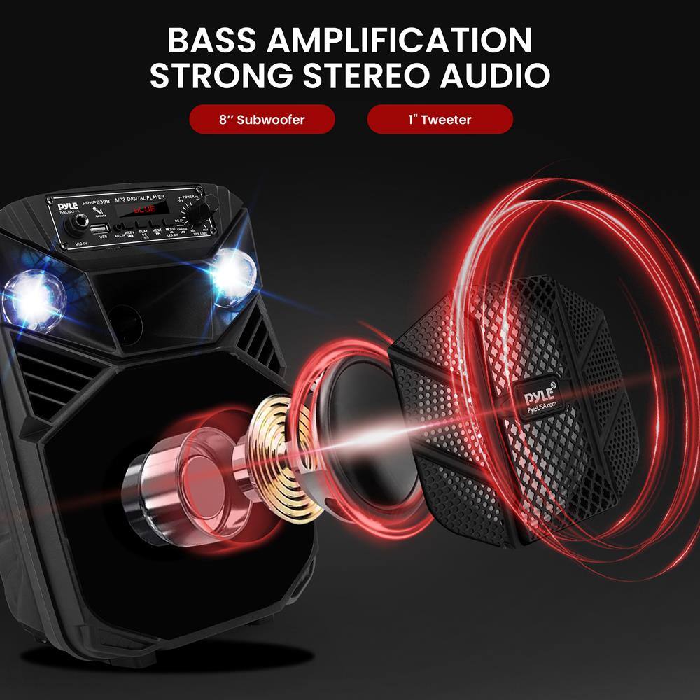 BASS AMPLIFICATION  
STRONG STEREO AUDIO  

8" Subwoofer  
1" Tweeter  

PYLE  
PYLE388  
MP3 DIGITAL PLAYER  
PYLE.com