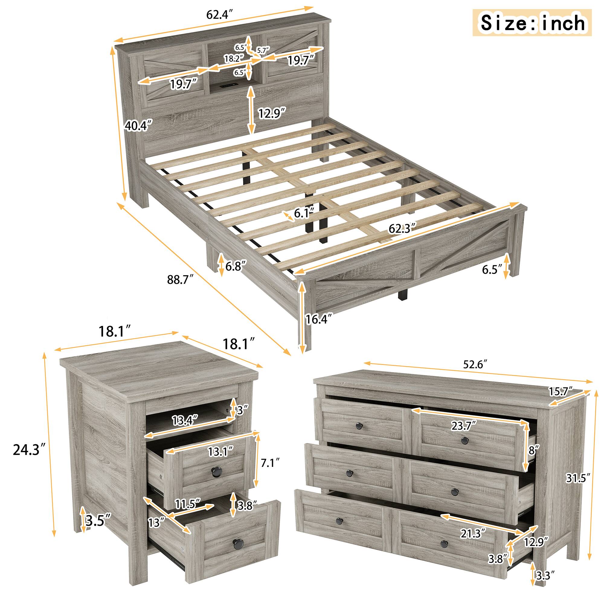 Sure, here is the corrected and grouped text from the image:

**Bed Dimensions:**
- Length: 62.4"
- Width: 65"
- Height: 19.7"
- Headboard Height: 19.7"
- Footboard Height: 6.5"
- Side Rail Height: 6.5"
- Mattress Depth: 6.1"
- Bed Frame Height: 6.8"
- Bed Frame Width: 62.3"
- Bed Frame Depth: 16.4"
- Bed Frame Height: 6.5"
- Bed Frame Width: 62.3"
- Bed Frame Depth: 16.4"
- Bed Frame Height: 6.5"
- Bed Frame Width: 62.3"
- Bed Frame Depth: 16.4"
- Bed Frame Height: 6.5"
- Bed Frame Width: 62.3"
- Bed Frame Depth: 16.4"
- Bed Frame Height: 6.5"
- Bed Frame Width: 62.3"
- Bed Frame Depth: 16.4"
- Bed Frame Height: 6.5"
- Bed