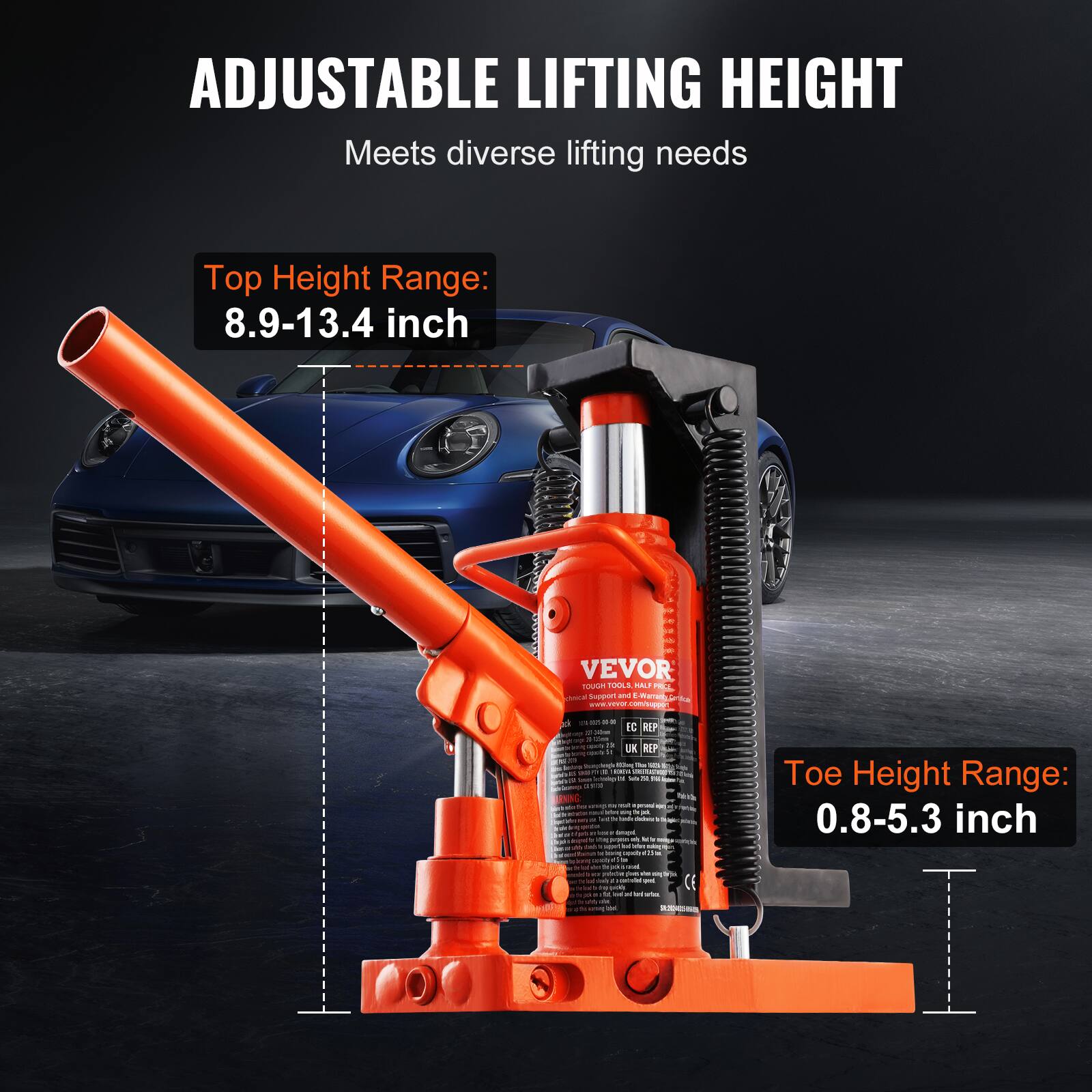 ADJUSTABLE LIFTING HEIGHT  
Meets diverse lifting needs  
Top Height Range: 8.9-13.4 inch  
Toe Height Range: 0.8-5.3 inch