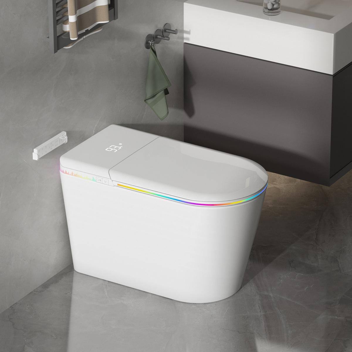 Angle. Dyonery - Smart Toilet with Child Seat, Auto Lid, Foot Flush, Instant Wash, Heated Seat, Warm Air Dry, LED & RGB Lights - White.