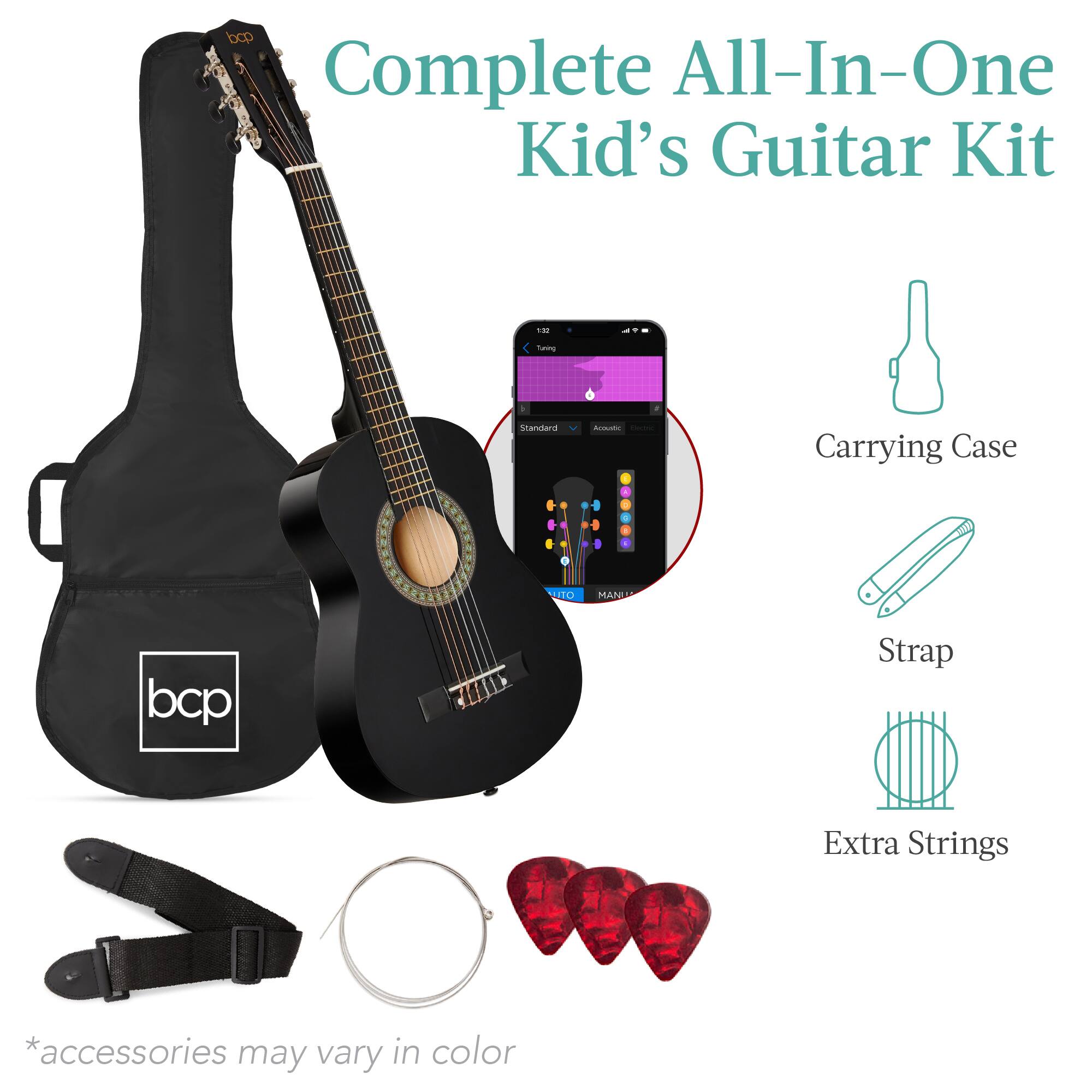 Complete All-In-One Kid's Guitar Kit

- Carrying Case
- Strap
- Extra Strings

*accessories may vary in color