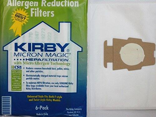 Allergen Reduction Filters

KIRBY MICRON MAGIC
HEPAFILTRATION with Micro Allergen Technology

- Reduces common household dust, pollen, mites, and other particles.
- Electrostatically charged material traps micron particle matter.
- To maintain HEPA filtration, use only GENUINE Kirby filter bags available from your local authorized Kirby Distributor.

Universal Style Fits Both F-style and Twist-style Kirby Models

6-Pack

Made in China

The Kirby Company
Cleveland, OH, U.S.A.