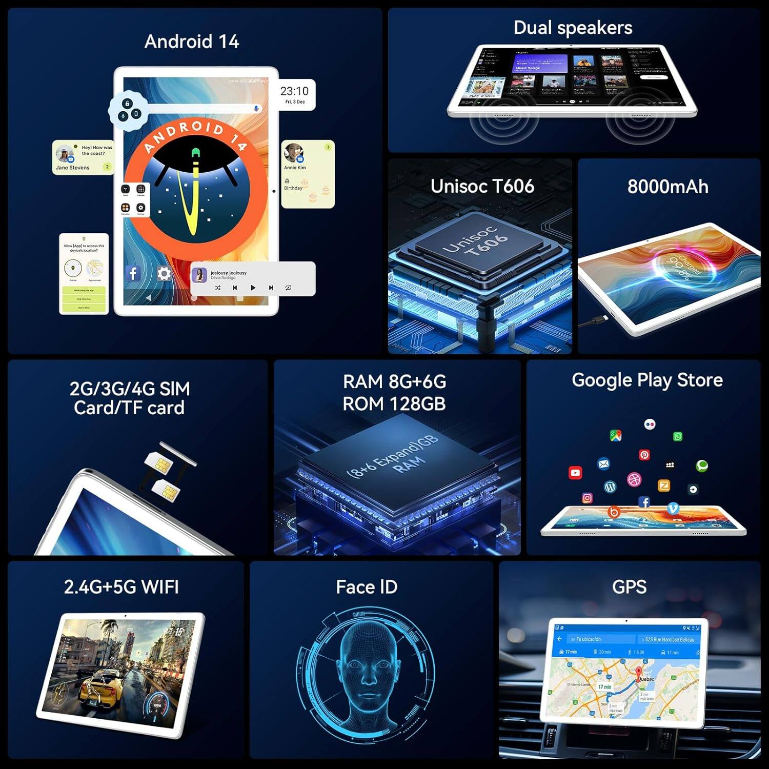 - Android 14
- Dual speakers
- Unisoc T606
- 8000mAh
- 2G/3G/4G SIM Card/TF card
- RAM 8G+6G ROM 128GB (8+6 Expand1GB RAM)
- Google Play Store
- 2.4G+5G WIFI
- Face ID
- GPS