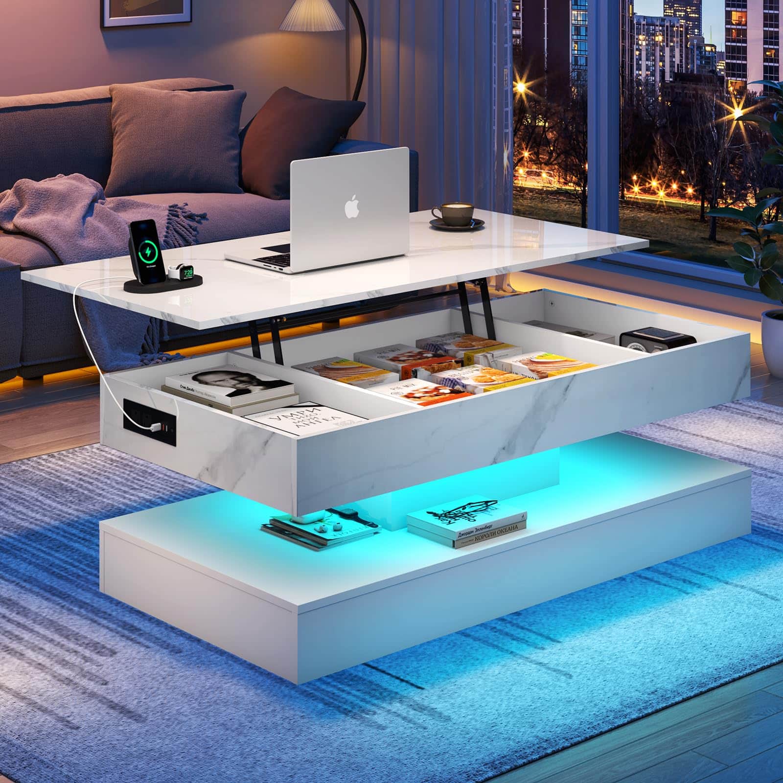 Espafurni - 47.2" Lift Top Coffee Table with LED Lights & Storage​ High gloss finish App-controlled lighting Multi-room use - Marble white