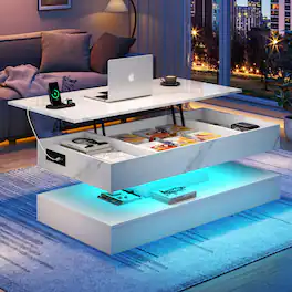 Espafurni - 47.2" Lift Top Coffee Table with LED Lights & Storage High gloss finish App-controlled lighting Multi-room use - Marble white