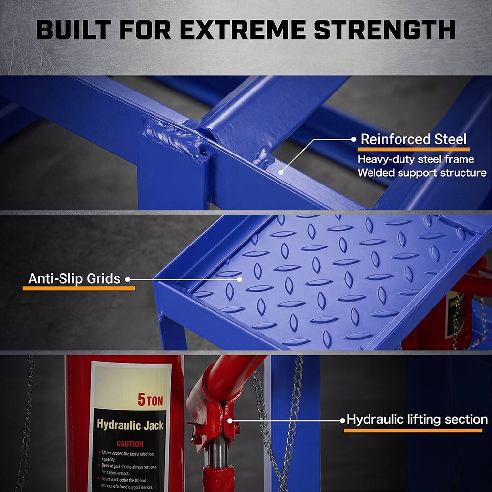BUILT FOR EXTREME STRENGTH

- Reinforced Steel
  Heavy-duty steel frame
  Welded support structure

- Anti-Slip Grids

- 5TON Hydraulic Jack
  CAUTION
  - Always check the load capacity.
  - Keep the jack clean and free of debris.
  - Do not use the jack without the safety devices.
  - Hydraulic lifting section