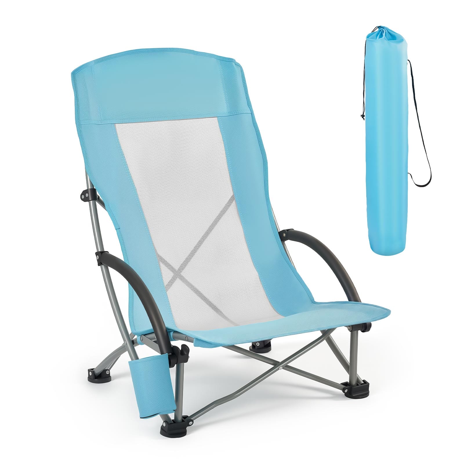 VEVOR - Folding Beach Chair, High Back Camping Chairs for Adults, with Cup Pocket, Mesh Back, Carry Bag - Light Blue