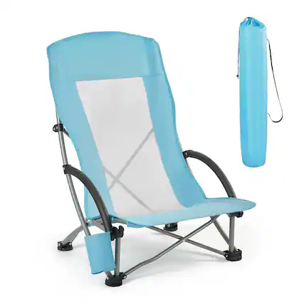 Front. VEVOR - Folding Beach Chair, High Back Camping Chairs for Adults, with Cup Pocket, Mesh Back, Carry Bag - Light Blue.
