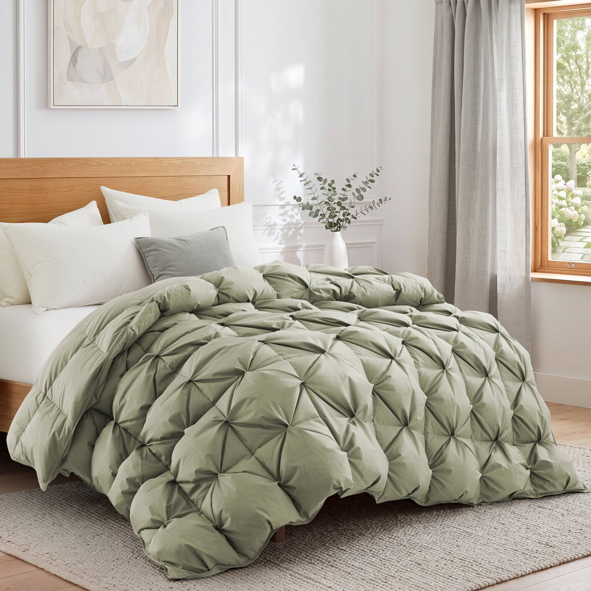 Angle. Peace Nest - Peace Nest Cotton Blend White Goose Down Fiber Comforter Duvet Insert with Pintuck Pleat, Sage Green, Full/Queen - Sage Green.