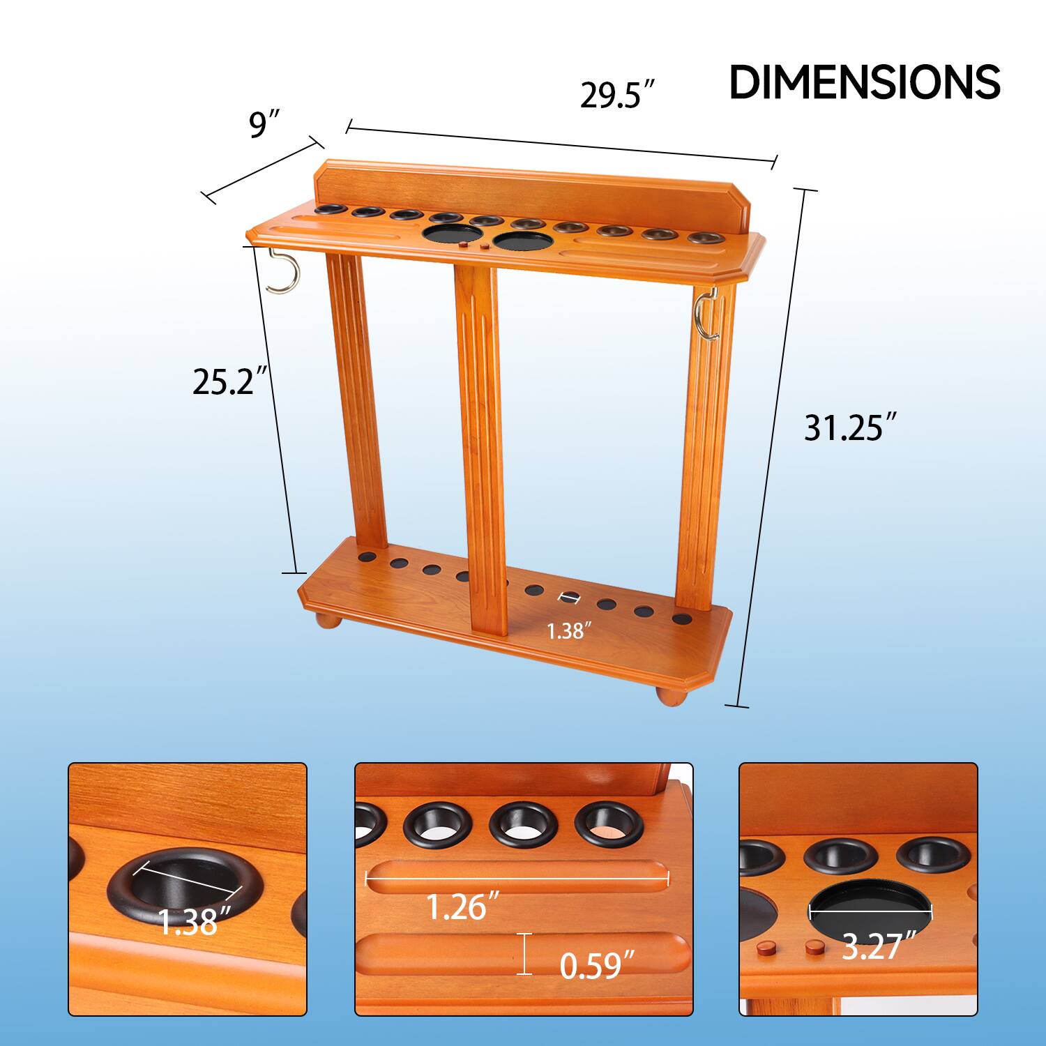 DIMENSIONS, 31.25", 29.5", 25.2", 9", 1.38", 1.38", 1.26", 0.59", 3.27"
