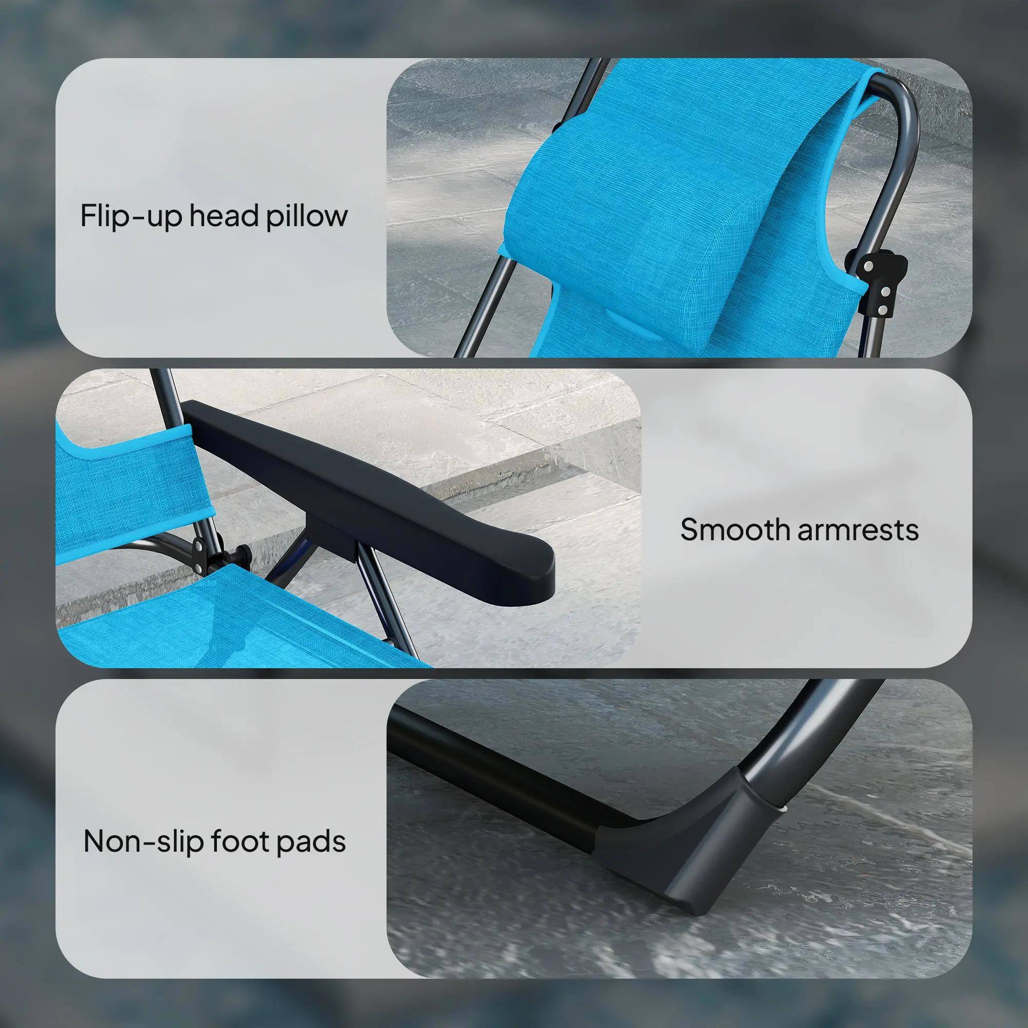 Flip-up head pillow  
Smooth armrests  
Non-slip foot pads