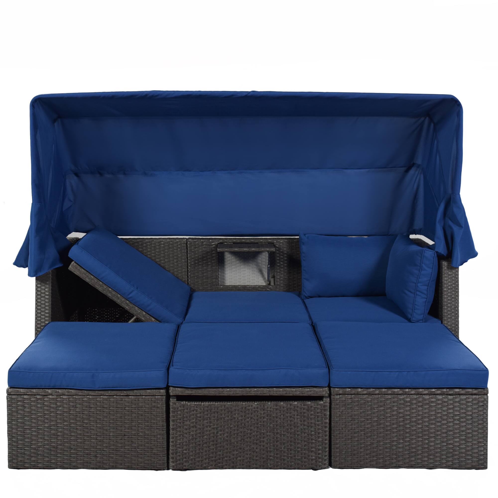 Alt View 1. Siljoy - Rattan Daybed with Retractable Canopy, Outdoor Sectional Sofa with Washable Cushions - Blue.