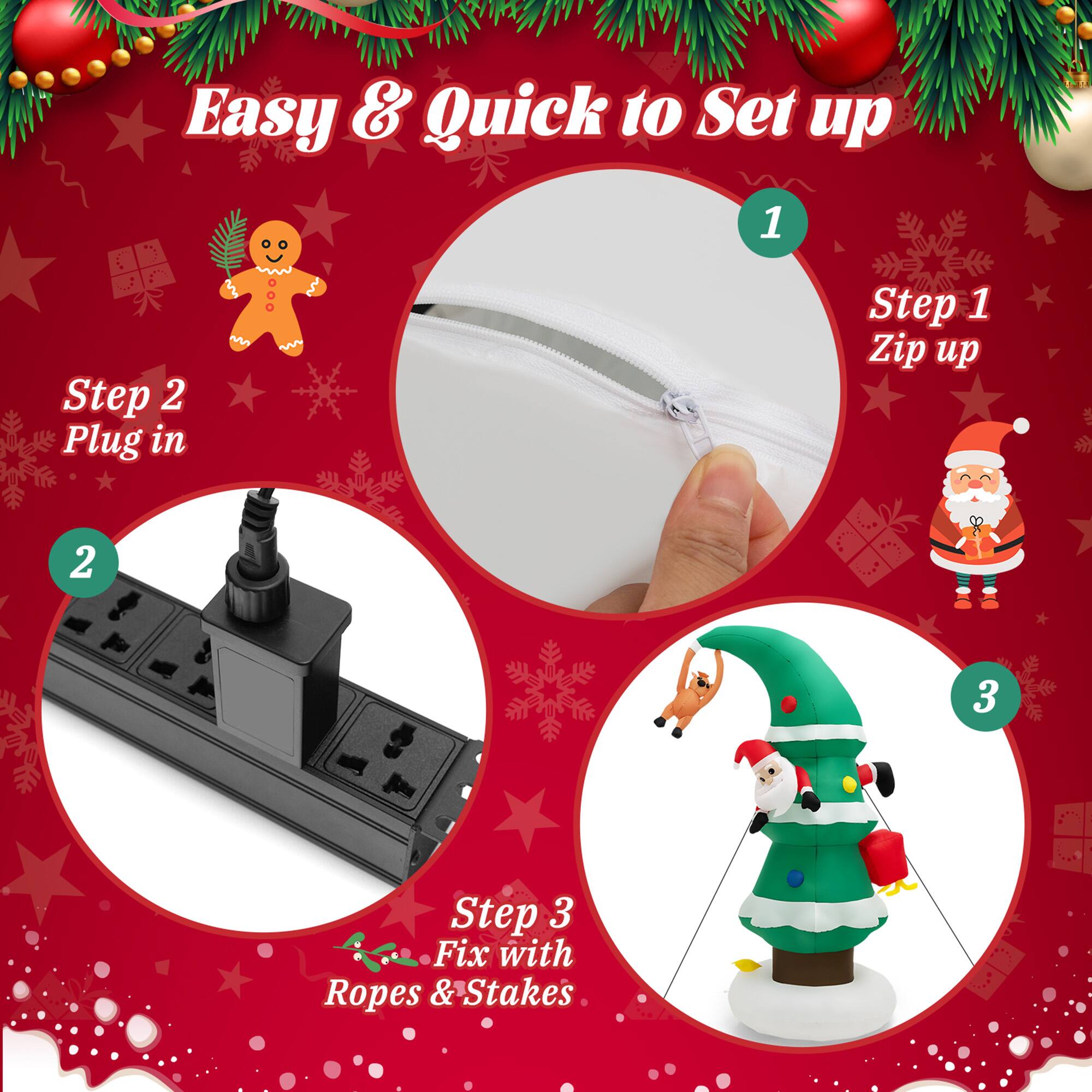 Easy & Quick to Set up

Step 1: Zip up

Step 2: Plug in

Step 3: Fix with Ropes & Stakes