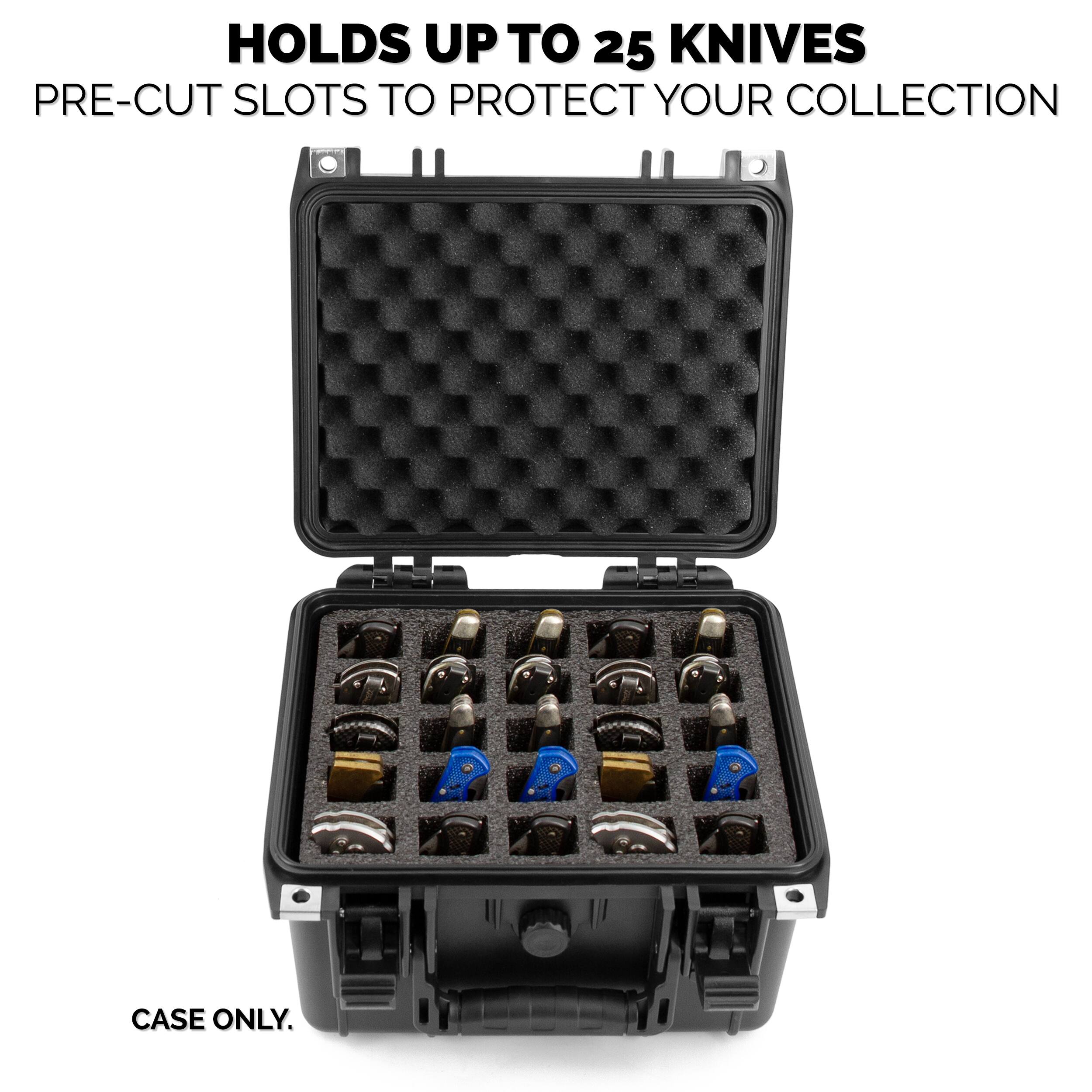 HOLDS UP TO 25 KNIVES  
PRE-CUT SLOTS TO PROTECT YOUR COLLECTION  
CASE ONLY.