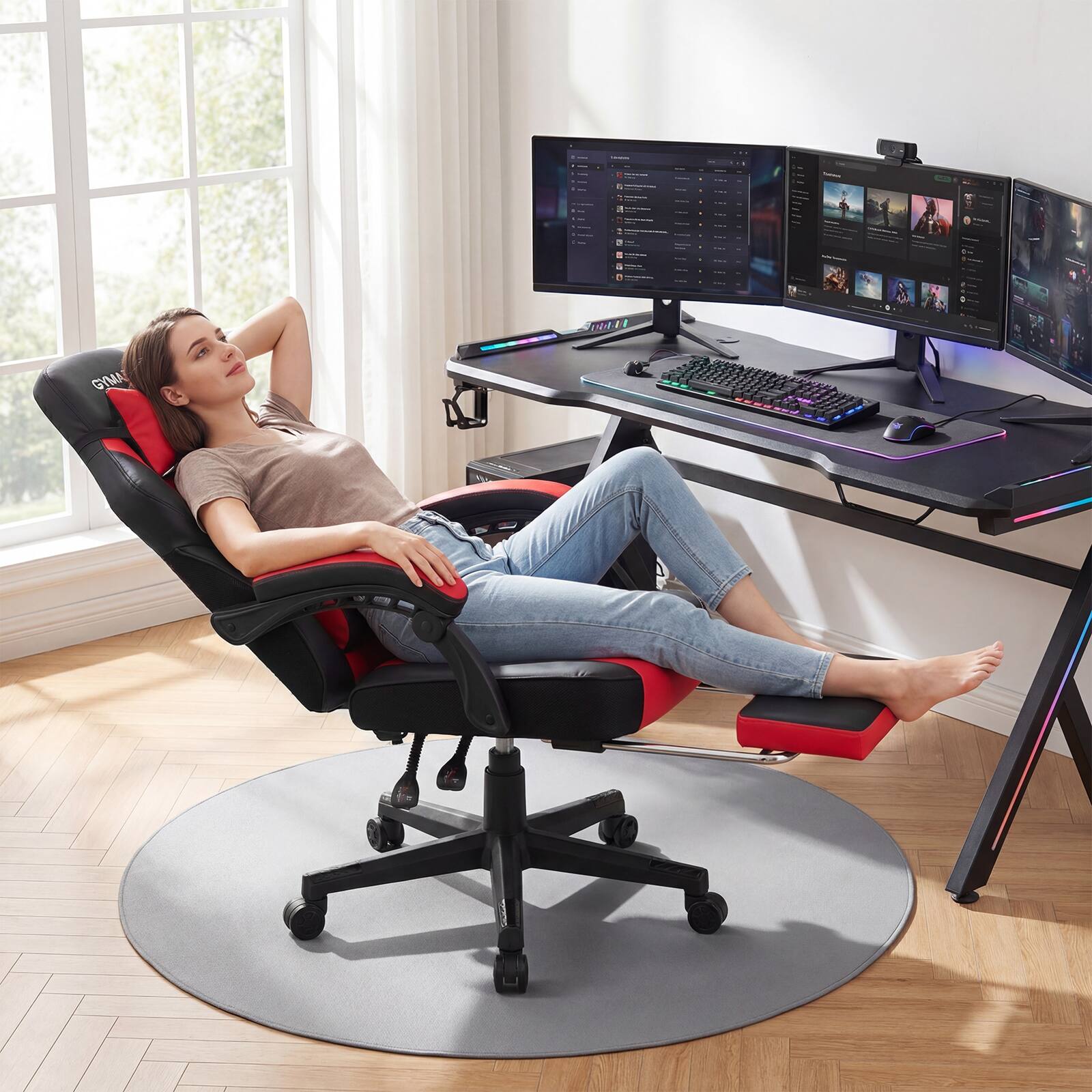 Alt View 4. Gymax - Gymax Gaming Chair w/ Headrest Reclining Backrest Lumber Support Linkage Armrests Red & Black - Black.