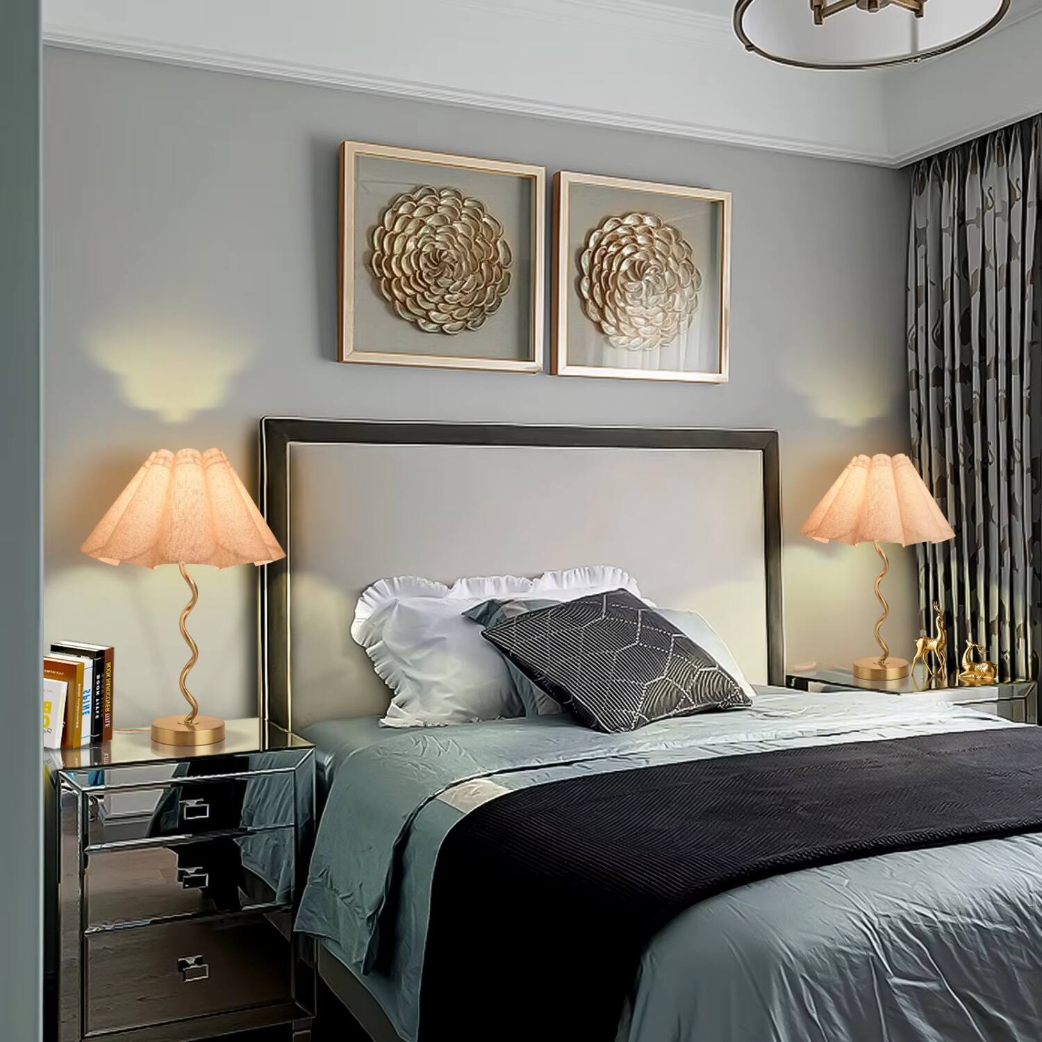 Alt View 1. Luckbyte - Gold Modern Scalloped Pleated Table Lamp for Bedside Nightstand Kitchen Counter - Beige.