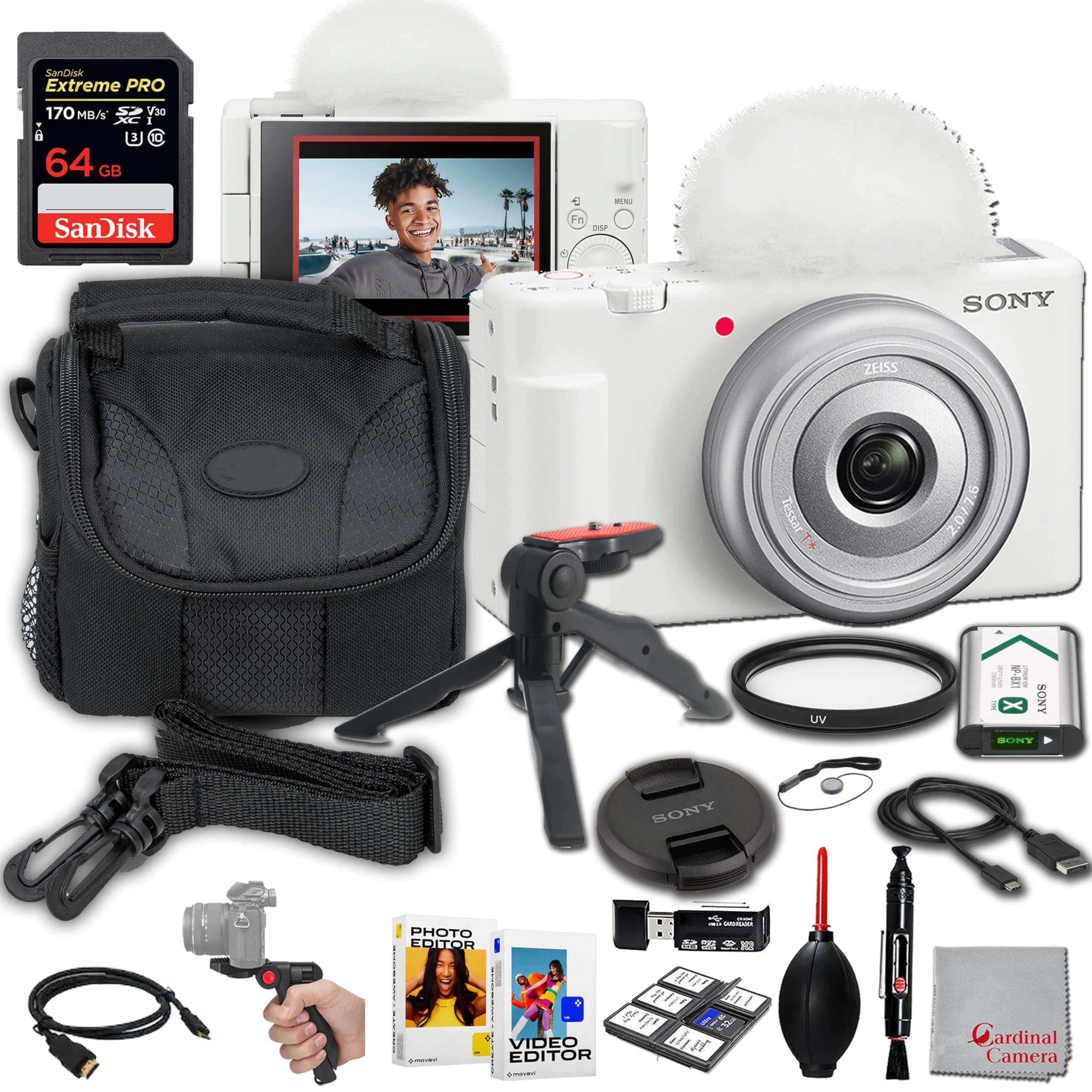 Bundle - Sony - ZV-1F Vlogging Camera (White) | Easy Smartphone Connection : 64GB Extreme Memory, Editing Software, Grip, and Case - Black