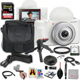 Bundle - Sony - ZV-1F Vlogging Camera (White) | Easy Smartphone Connection : 64GB Extreme Memory, Editing Software, Grip, and Case - Black