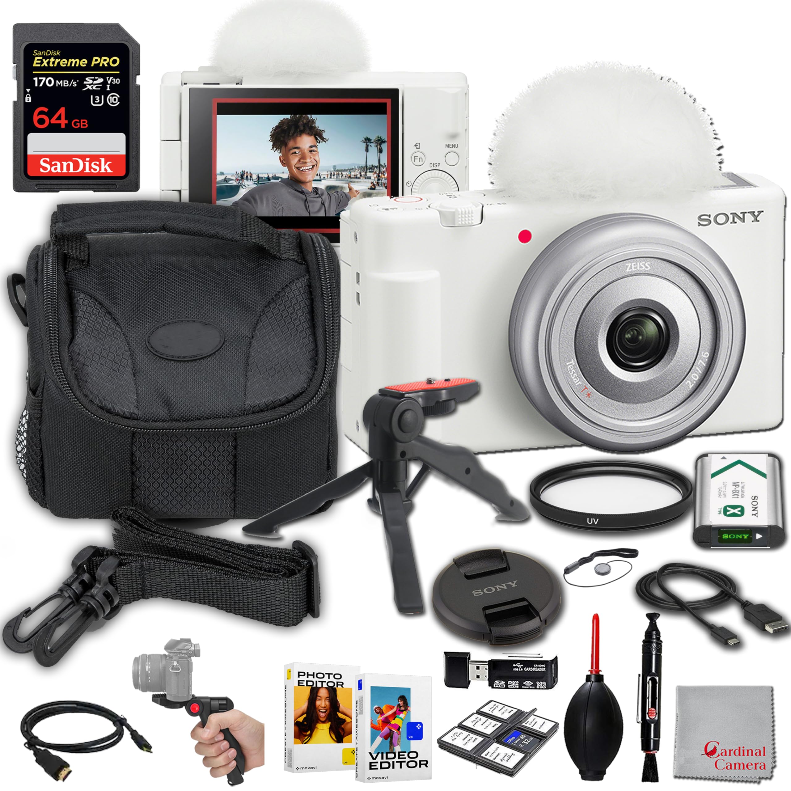 Bundle - Sony - ZV-1F Vlogging Camera (White) | Easy Smartphone Connection : 64GB Extreme Memory, Editing Software, Grip, and Case - Black