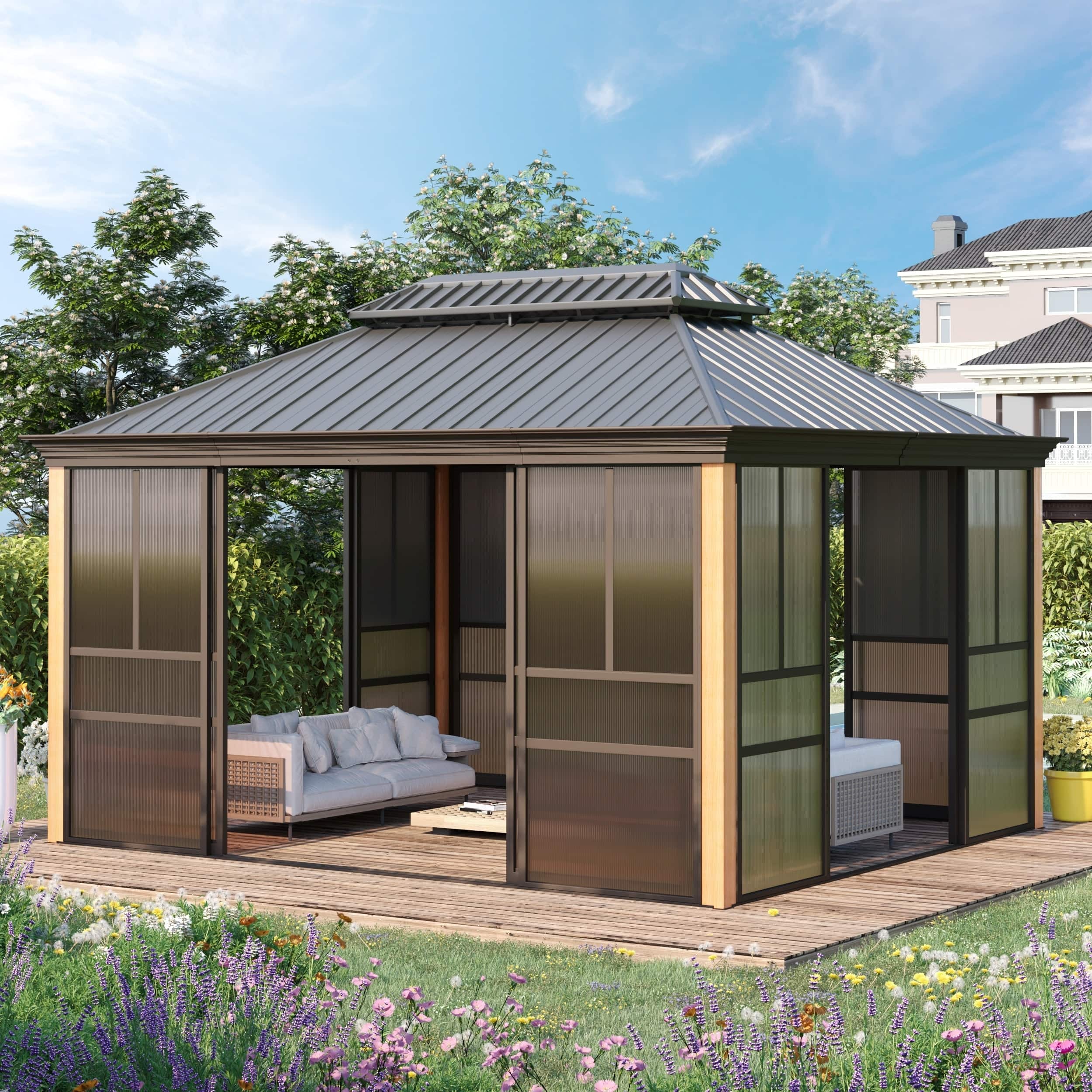 U-HOMY - Hardtop Sunroom Gazebo with Double Steel Roof, Sliding Doors & Screens, All-Season Aluminum Pergola - 12' x 14'