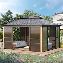 U-HOMY - Hardtop Sunroom Gazebo with Double Steel Roof, Sliding Doors & Screens, All-Season Aluminum Pergola - 12' x 14'