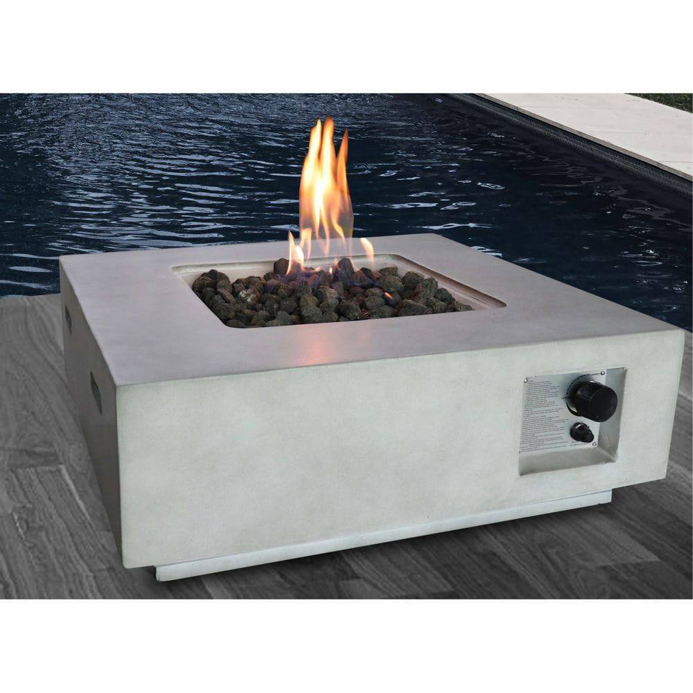 Front. Resenkos - Concrete Propane Gas Fire Pit table, for Outside Patio with Auto-Ignition, Gray.