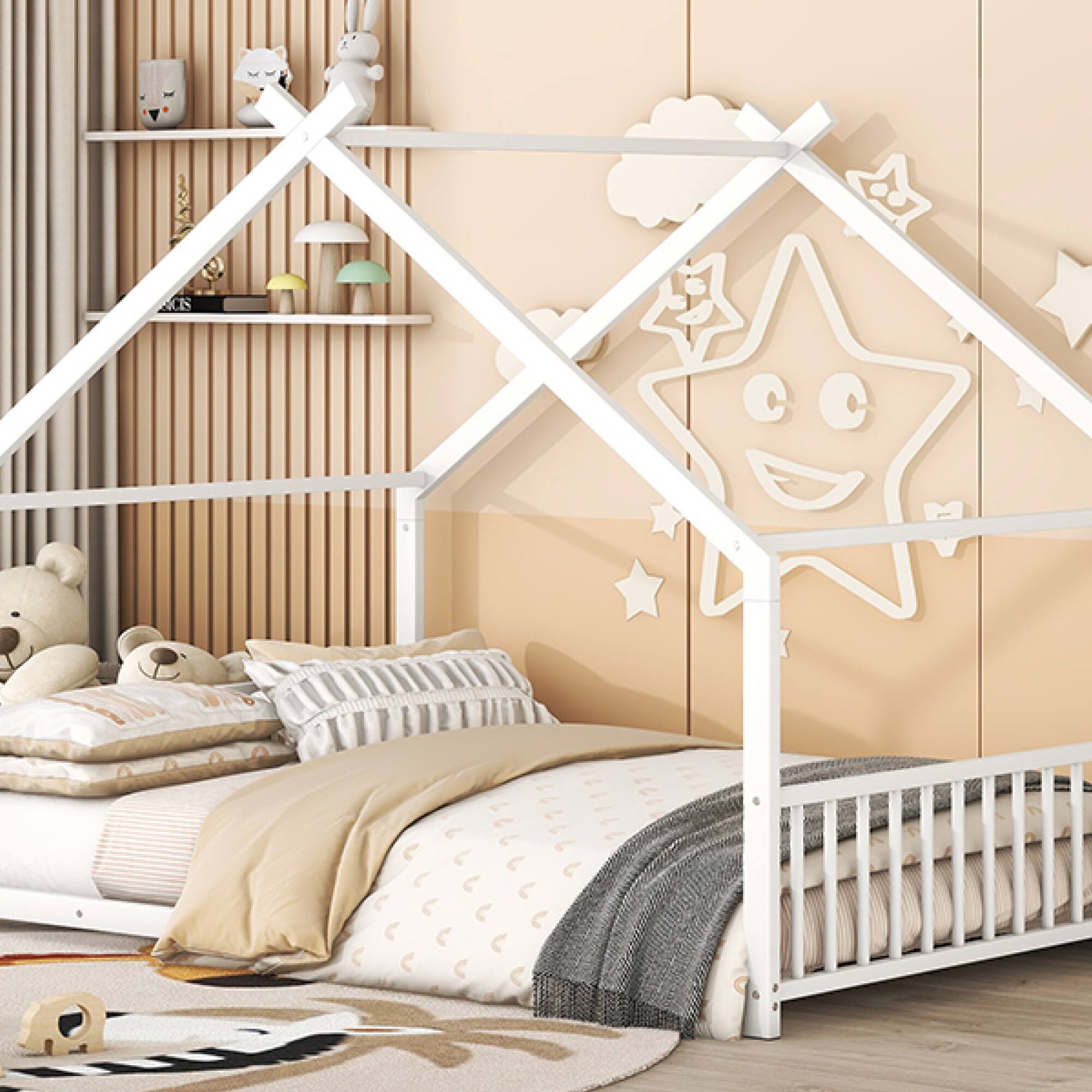 Alt View 8. GOODSILO - Full Size Metal House Bed with Playhouse Roof Design for Kids Room Furniture and Sleep Space - White.