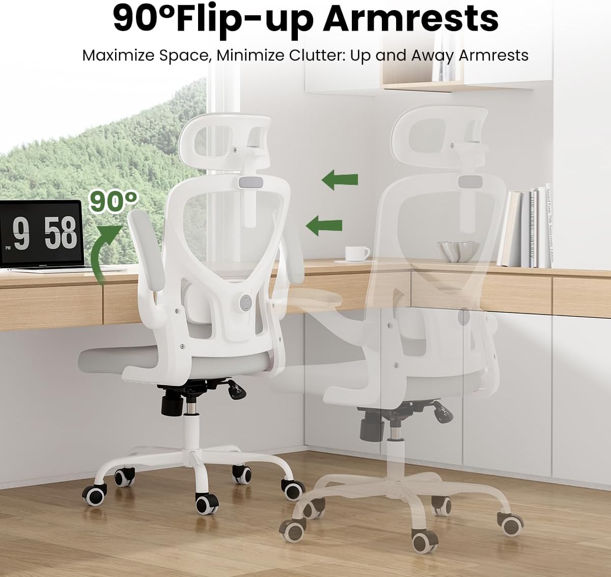 90° Flip-up Armrests  
Maximize Space, Minimize Clutter: Up and Away Armrests