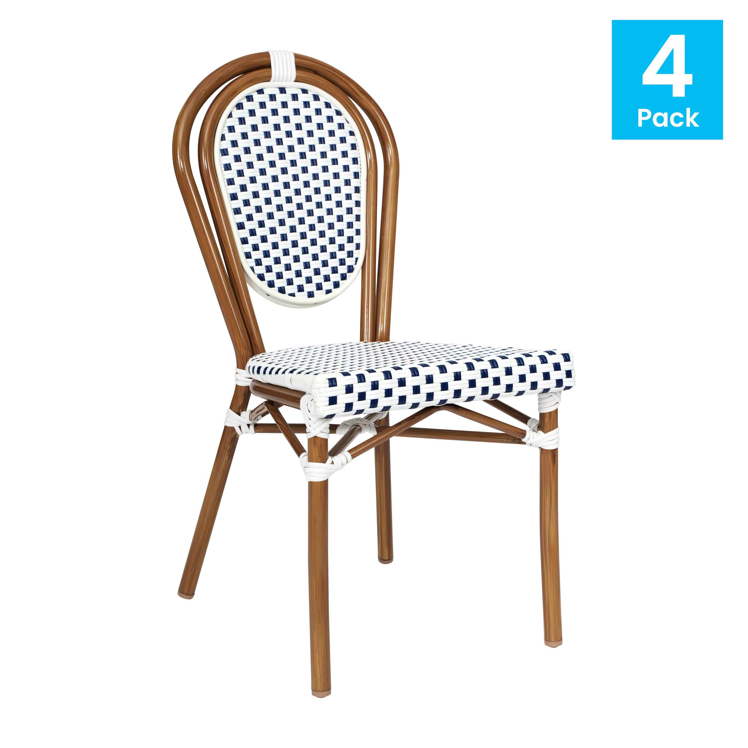 Alt View 1. Emma + Oliver - Colmar Set of Four Indoor/Outdoor Stacking Thonet Bistro Style Chairs with PE Rattan Seat and Metal Frame - White & Navy/Natural Frame.