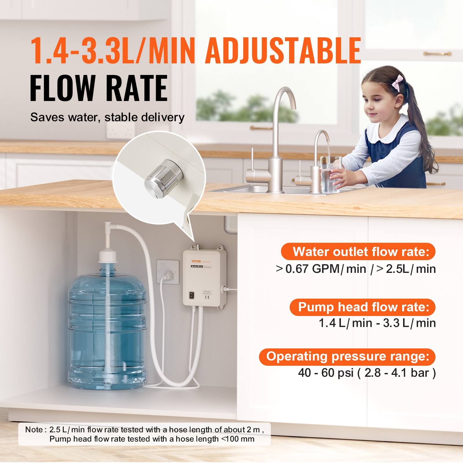 1.4-3.3L/MIN ADJUSTABLE FLOW RATE Saves water, stable delivery

FEVOR Kalle

Water outlet flow rate: >0.67 GPM/min / >2.5L/min

Pump head flow rate: 1.4 L/min - 3.3 L/min

Operating pressure range: 40-60 psi (2.8-4.1 bar)

Note: 2.5 L/min flow rate tested with a hose length of about 2 m, Pump head flow rate tested with a hose length <100 mm