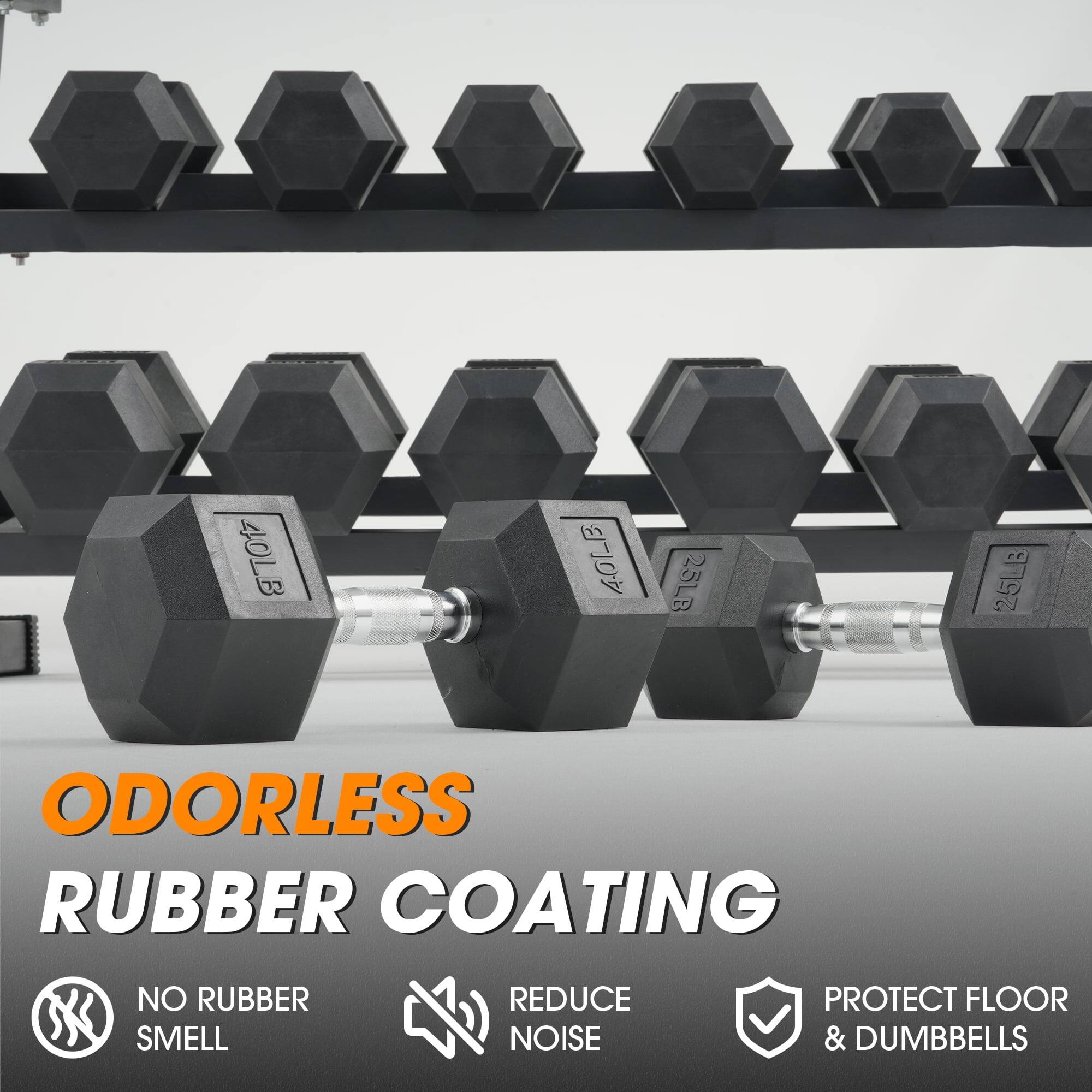 40LB 25LB 25LB

ODORLESS RUBBER COATING

NO RUBBER SMELL

REDUCE NOISE

PROTECT FLOOR & DUMBBELLS