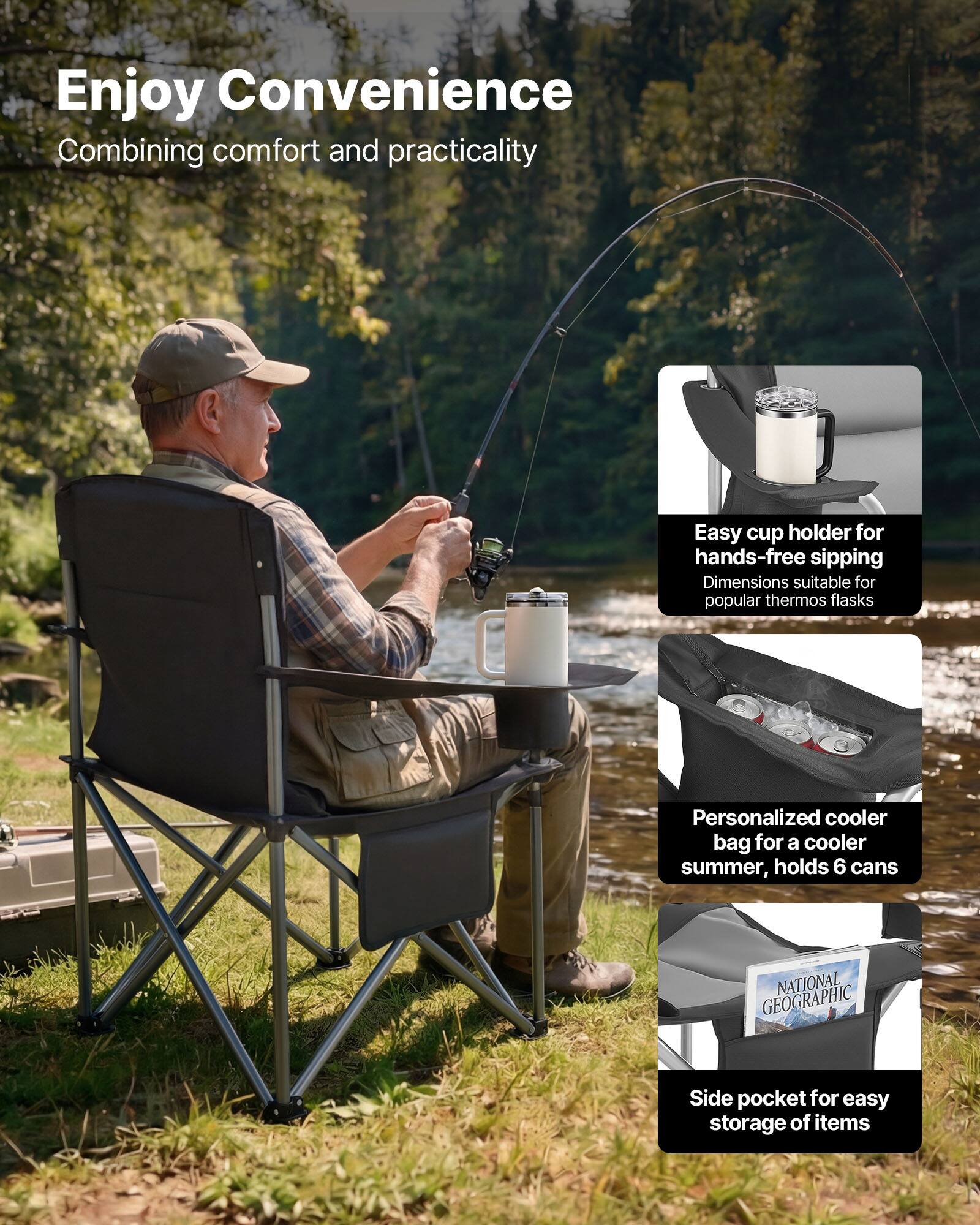 Enjoy Convenience  
Combining comfort and practicality  

Easy cup holder for hands-free sipping  
Dimensions suitable for popular thermos flasks  

Personalized cooler bag for a cooler summer, holds 6 cans  

Side pocket for easy storage of items