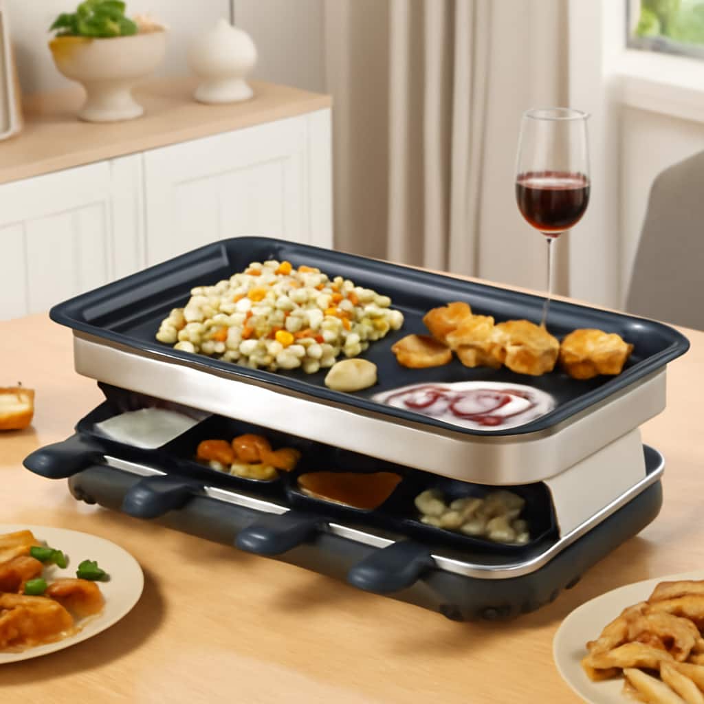 Breezary - 8 People Grill Plate Non-stick Coated, Raclette with 8 Mini Raclette Pans, Infinitely Adjustable Temperature, 1500W - Black