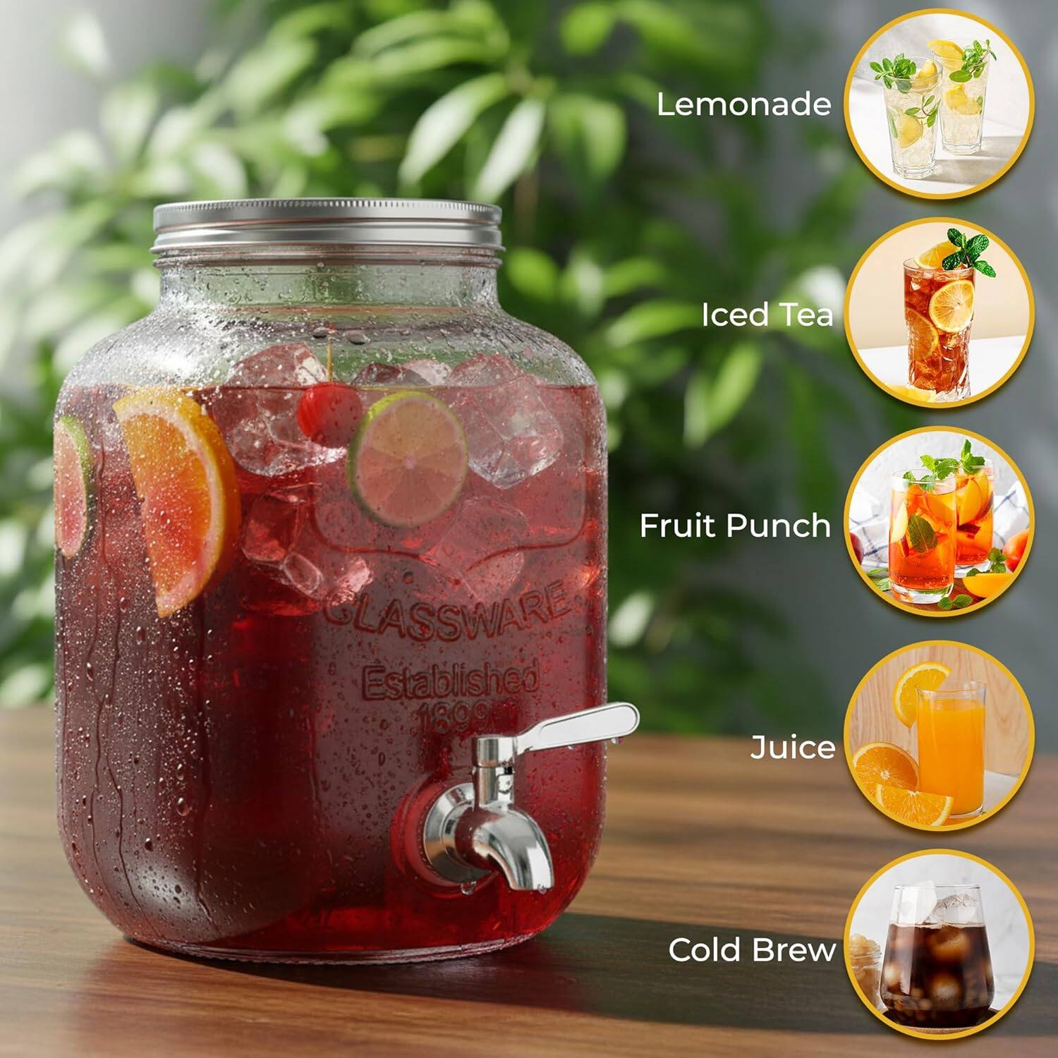 Lemonade  
Iced Tea  
Fruit Punch  
Juice  
Cold Brew  

GLASSWARE  
Established 1809