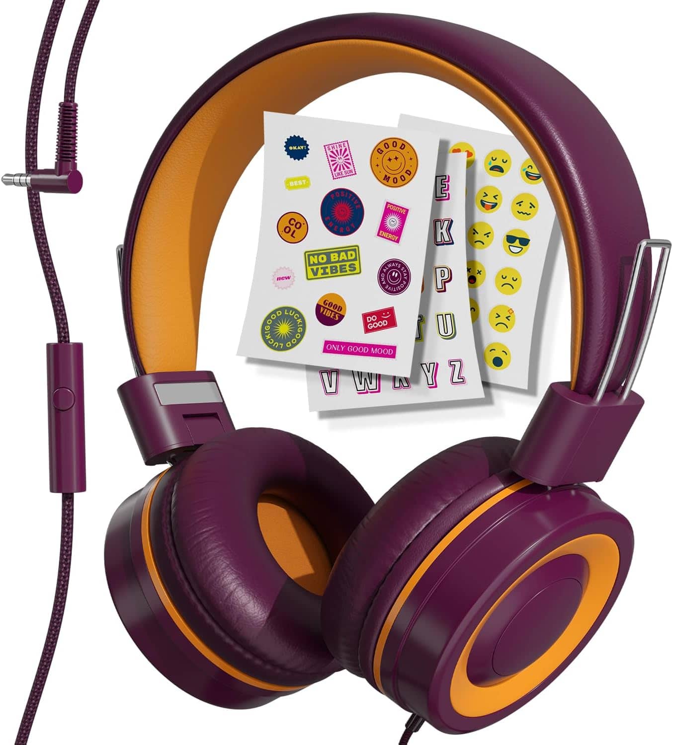 MYZI - Kids Headphones – Foldable Wired On-Ear Headphones with Mic, 85dB Volume Limit, Tangle-Free - Maroon