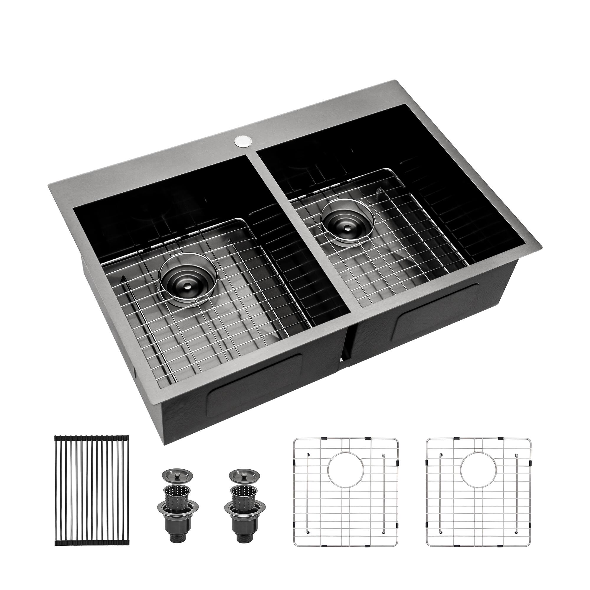 Alt View 4. Siljoy - Double Bowl Drop in Sink- 33" x 22" x 9" Gunmetal Black  Double Bowl Kitchen Sink 16 Gauge with Two 9" Deep Basin - Gunmetal Black.
