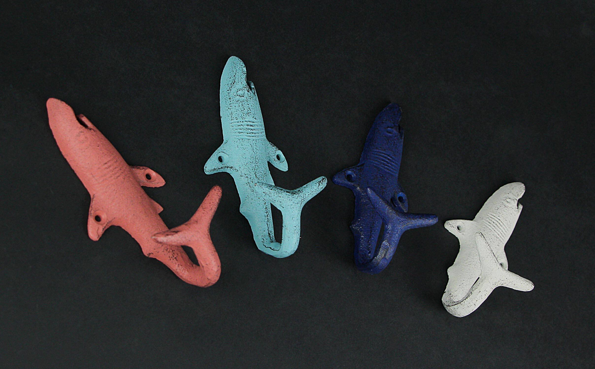 Alt View 7. Zeckos - 4 Piece Distressed Finish Cast Iron Shark Wall Hook Set Coastal Beach Colors - Multicolored.