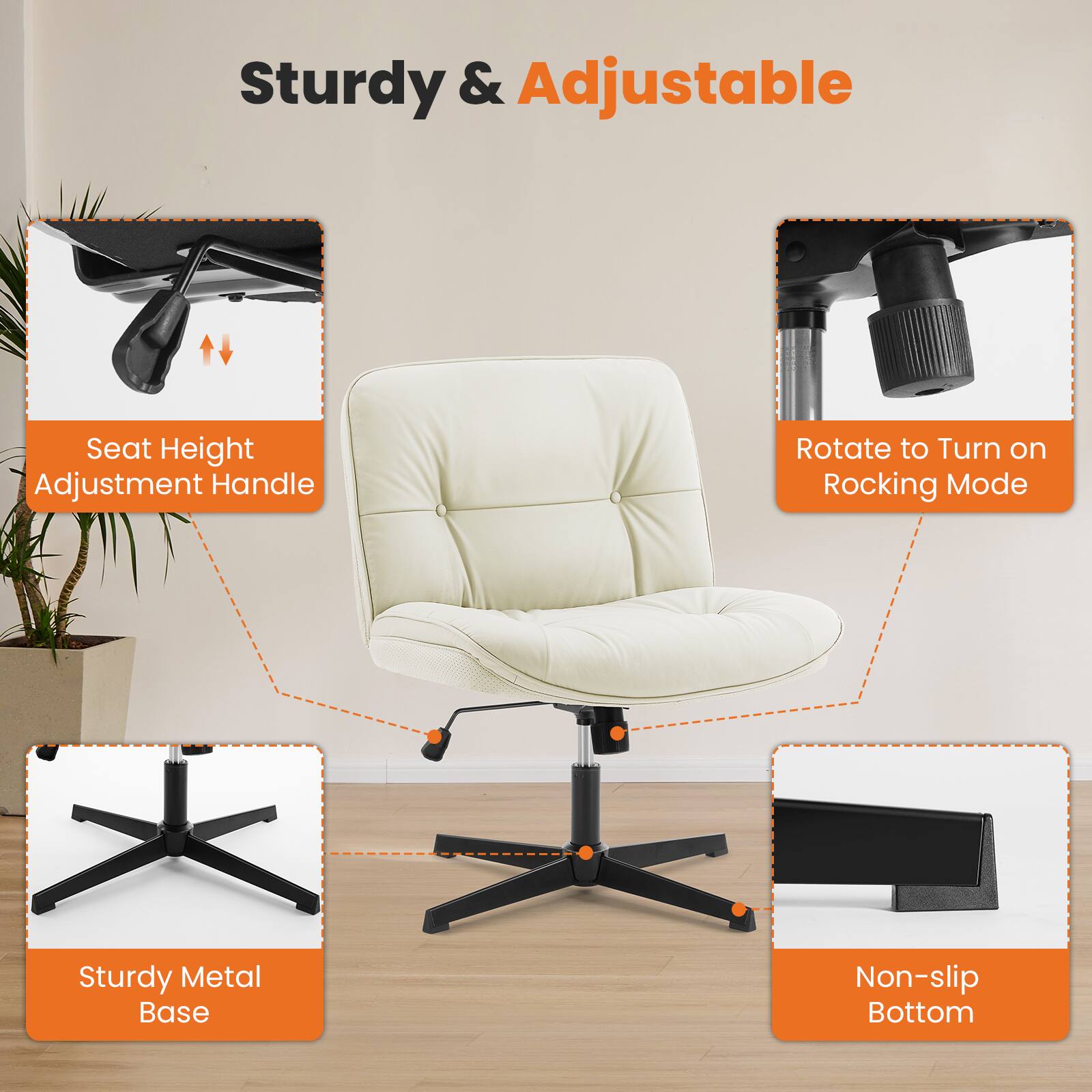 Sturdy & Adjustable

- Seat Height Adjustment Handle
- Rotate to Turn on Rocking Mode
- Sturdy Metal Base
- Non-slip Bottom