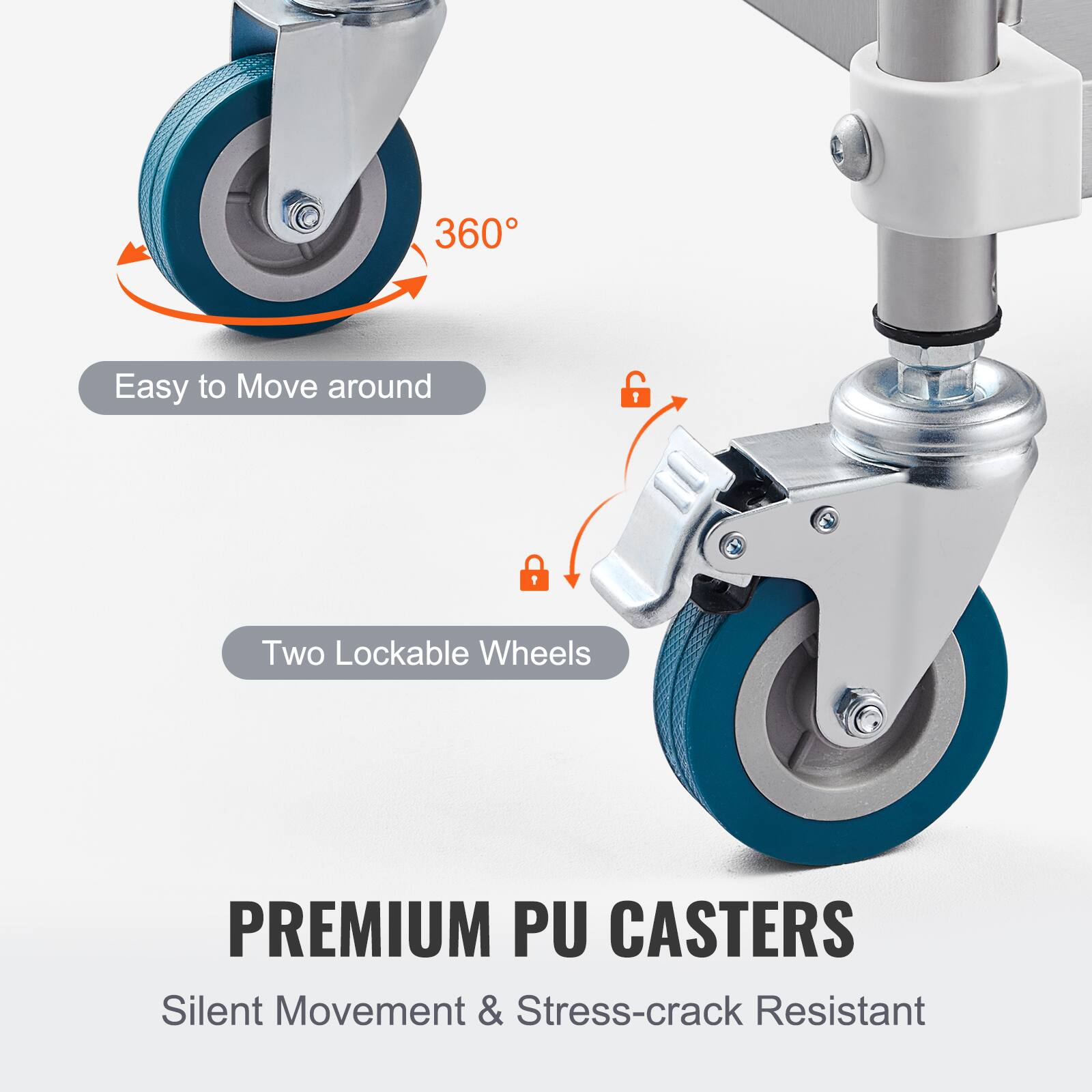 PREMIUM PU CASTERS, Silent Movement & Stress-crack Resistant, 360, Easy to Move around, Two Lockable Wheels
