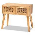 Front. Baxton Studio - Falan Mid-Century Modern Finished Wood 2-Drawer Console Table with Rattan - Brown/Oak Brown.