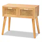 Front. Baxton Studio - Falan Mid-Century Modern Finished Wood 2-Drawer Console Table with Rattan - Brown/Oak Brown.
