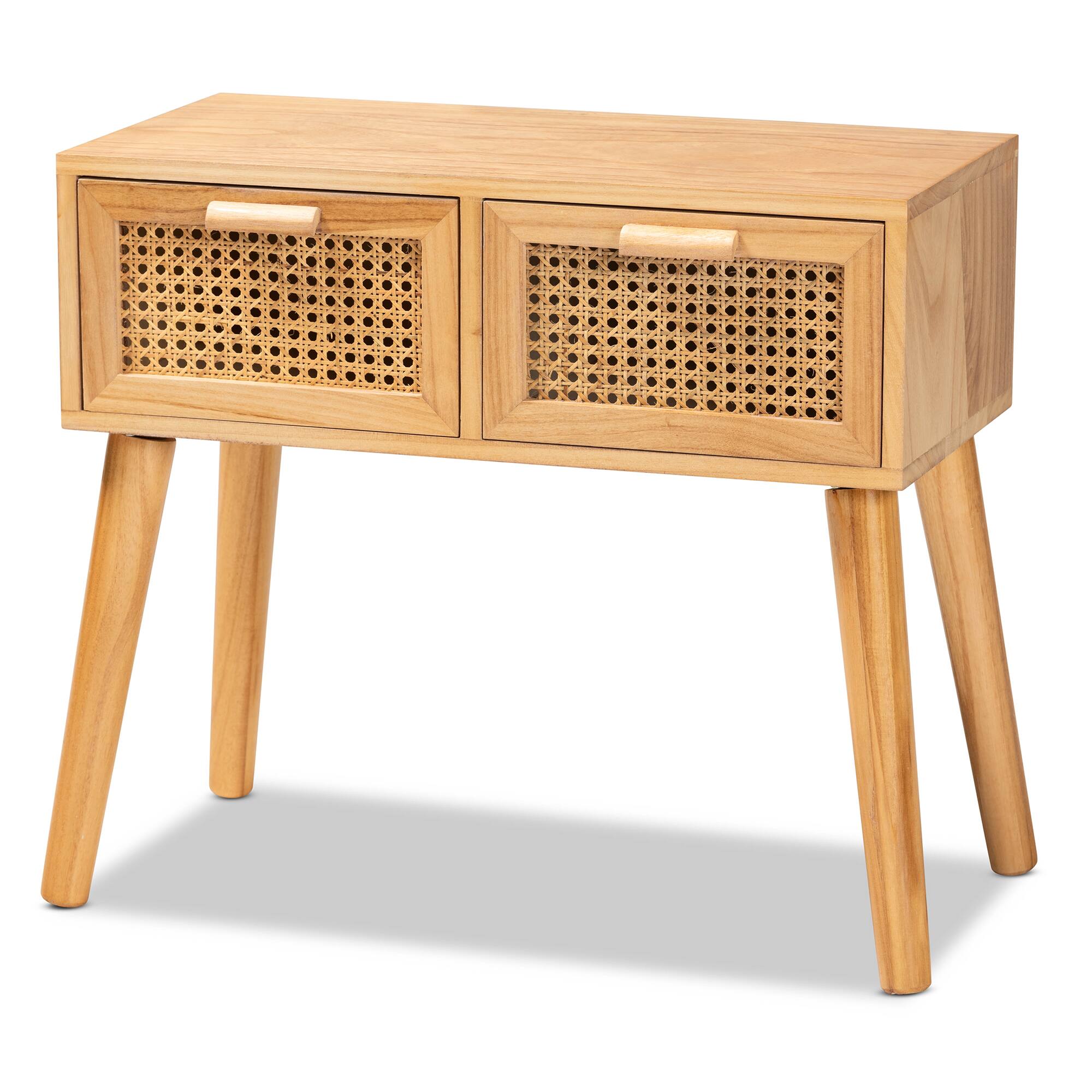 Front. Baxton Studio - Falan Mid-Century Modern Finished Wood 2-Drawer Console Table with Rattan - Brown/Oak Brown.