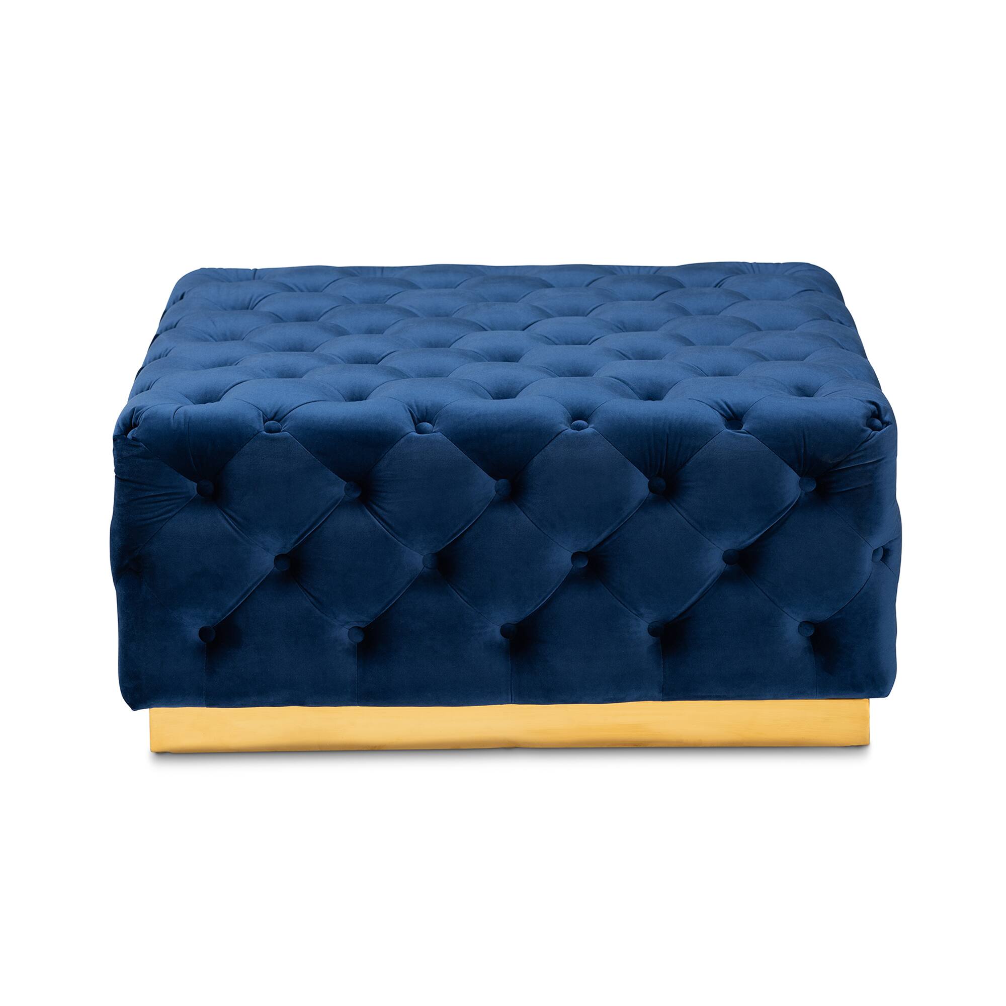 Angle. Baxton Studio - Verene Glam and Luxe Velvet Fabric Upholstered Gold Finished Square Cocktail Ottoman - Royal Blue/Gold.