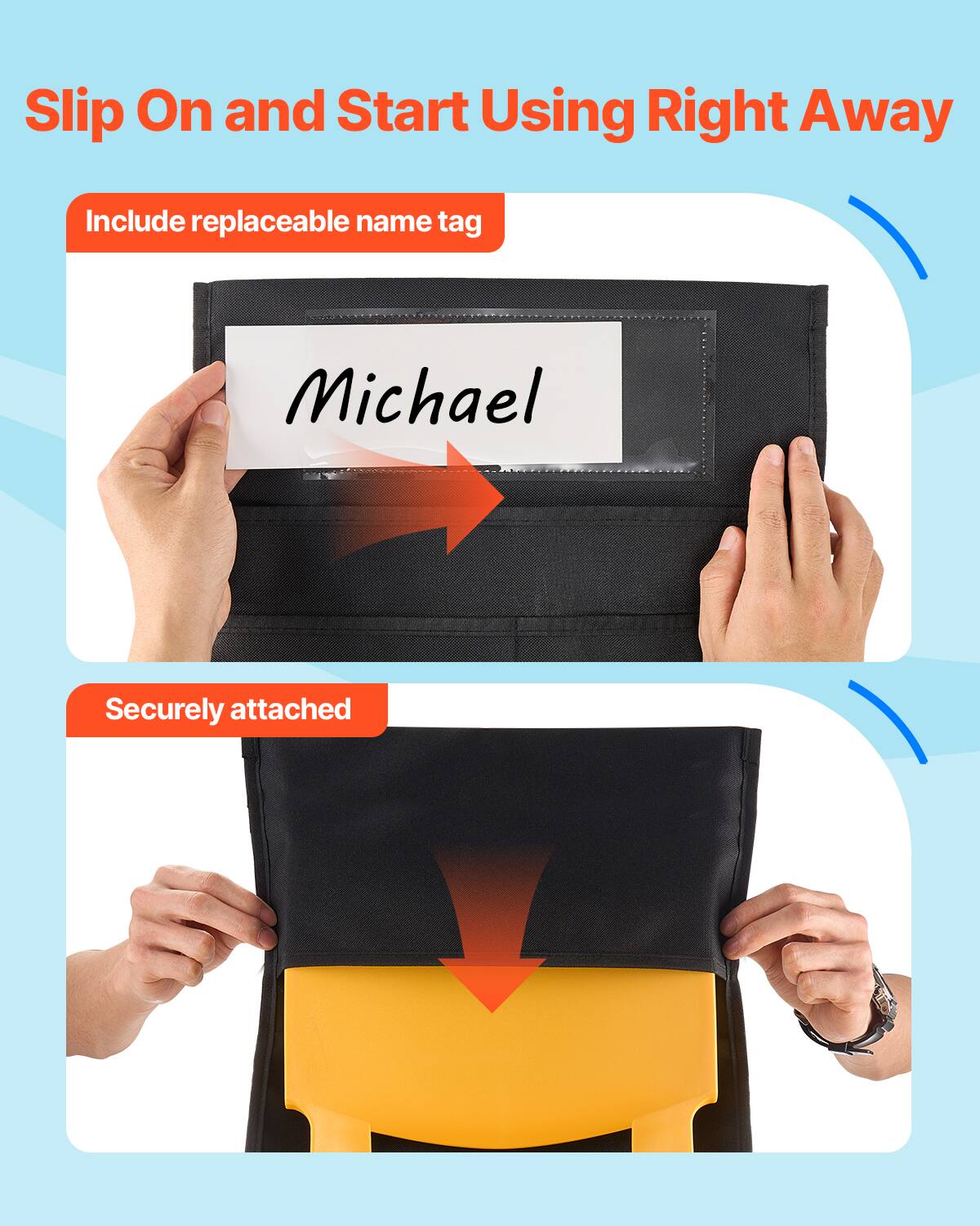 Slip On and Start Using Right Away

Include replaceable name tag

Michael

Securely attached