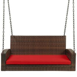 Hivvago - Brown Wicker Hanging Patio Porch Swing Bench w/ Mounting Chains and Red Seat Cushion - Brown, Red
