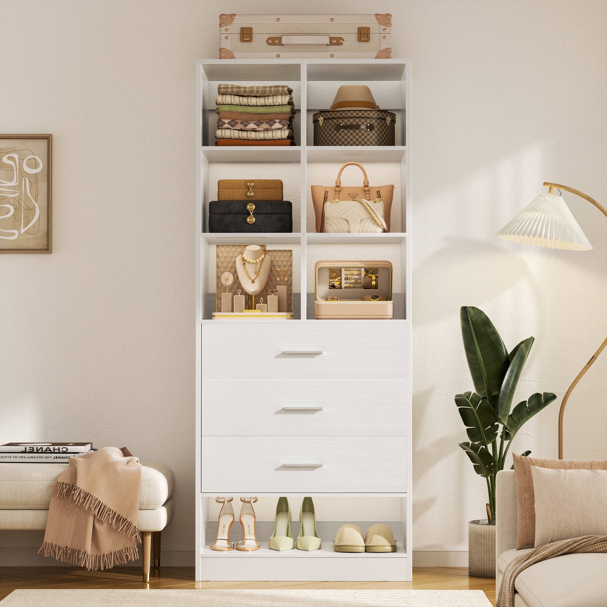 Aheaplus - 23.6'' Freestanding Closet Organizer System with 3 Drawers and 6 Cube Storage, Modular Wardrobe Closet for Small Space - White