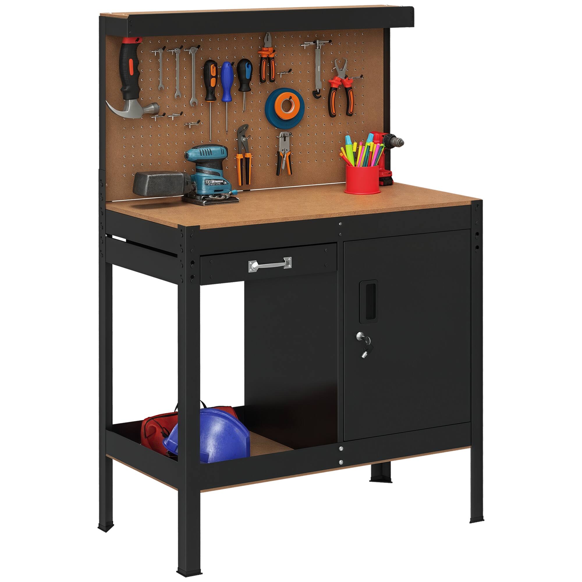 Front. Homcom - Multipurpose Workbench w/ Slide Drawer, Peg Board & Lockable Cabinet - Black.