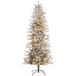 Homcom - Pre Lit Artificial Flocked Christmas Trees, with Snow Branches, Warm Yellow Clear Lights, Auto Open - Green