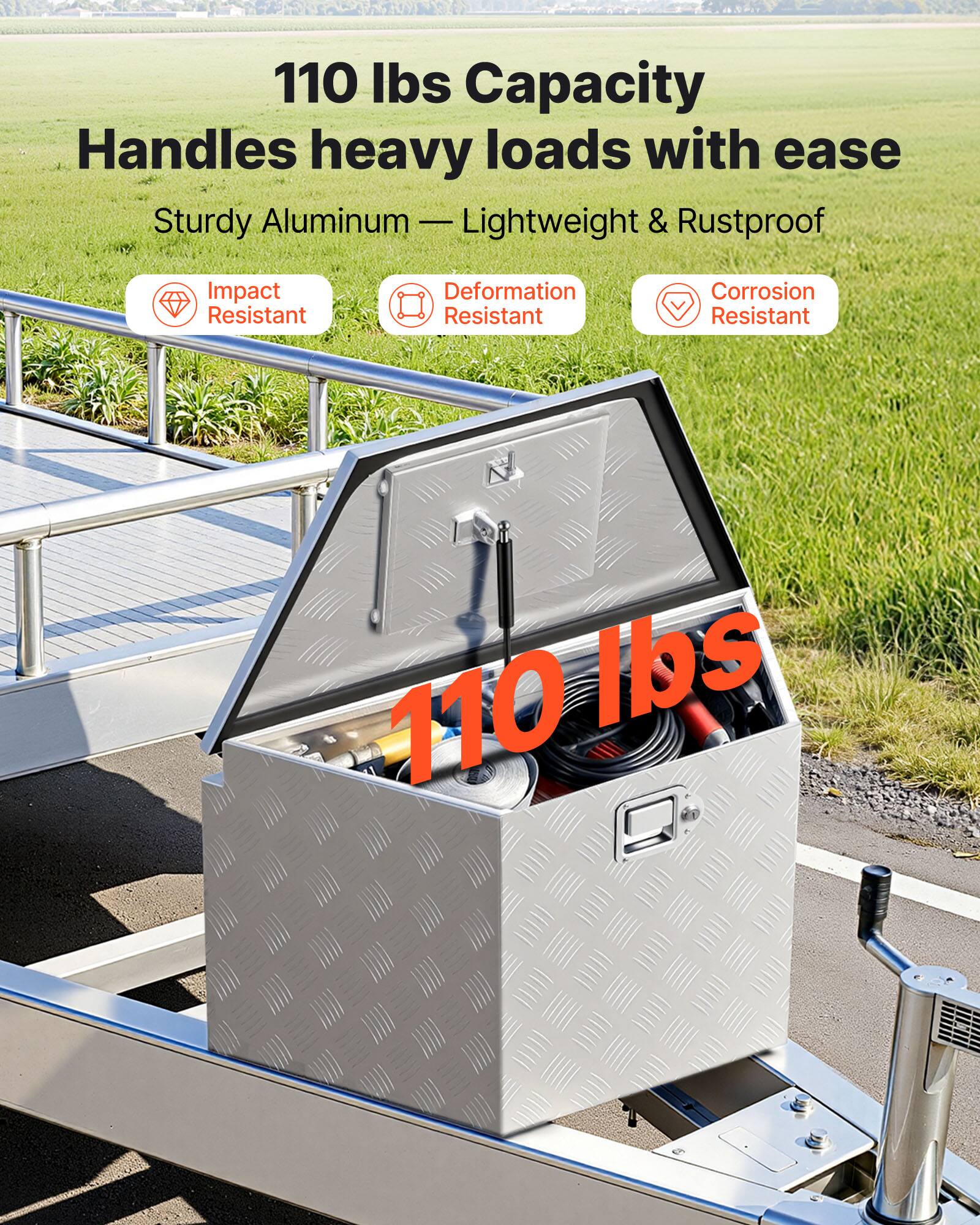 110 lbs Capacity  
Handles heavy loads with ease  
Sturdy Aluminum — Lightweight & Rustproof  
Impact Resistant  
Deformation Resistant  
Corrosion Resistant