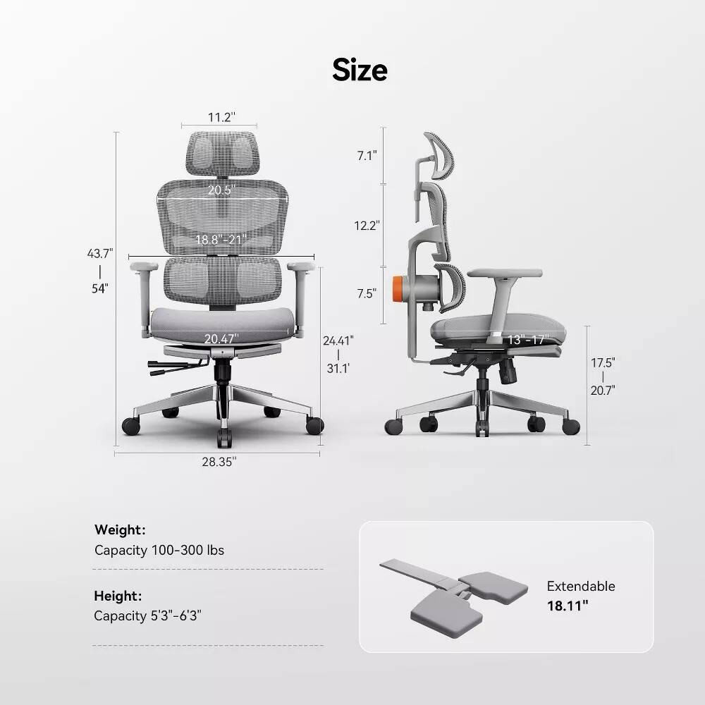Size:  
- 11.2"  
- 7.1"  
- 20.5"  
- 43.7"  
- 54"  
- 18.8"  
- 21"  
- 12.2"  
- 7.5"  
- 20.47"  
- 24.41"  
- 31.1"  
- 13"  
- 13-17"  
- 17.5"  
- 20.7"  
- 28.35"  

Weight: Capacity 100-300 lbs  

Height: Capacity 5'3"-6'3"  

Extendable: 18.11"